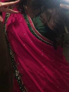 Pink Saree with Embroided Green Border
