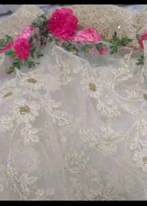 Embroidered Floral Soft Net Saree set