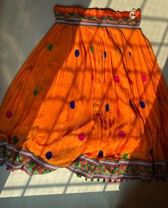 Vibrant Orange Polka Dot ghagra and blue dupatta
