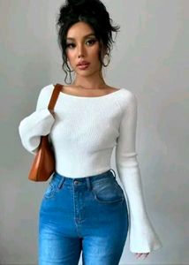 White Ribbed Bell Sleeve Top