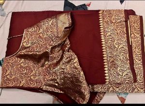 Maroon Saree with Gold Brocade Blouse
