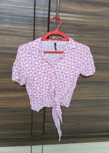 Pink Floral Tie-Front Crop Shirt