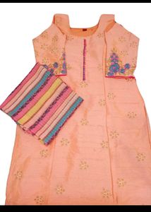 Peach Embroidered Kurta with Dupatta