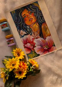 Handmade Portrait Art with Flowers on Canvas sheet