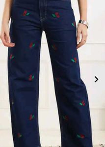 Shein cherry Embroidered Wide-Leg Jeans with tag
