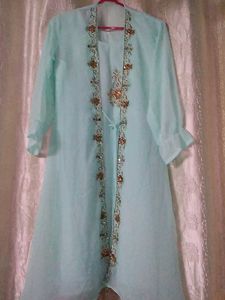 Mint Kurta and shrug with Intricate Embellishments