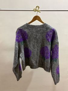 Grey &amp; Purple Floral Rose Print Jumper