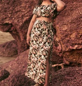 Frill Off Shoulder Crop Top With Side Slit Skirt