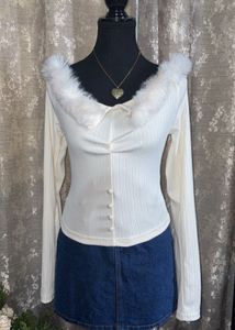 Cream Faux Fur Trim Ribbed Top