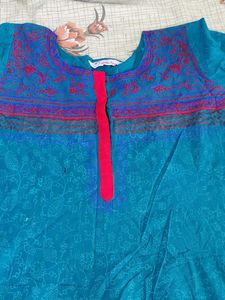 Teal Anarkali Kurta with Pink &amp; Blue Accents