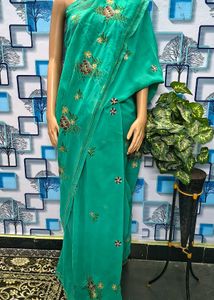 Elegant Teal Embroidered Saree Sea green