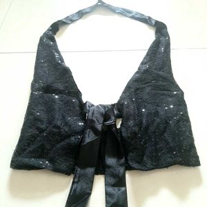 🖤 Handcrafted Black Sequin Halter Tie-Front Top