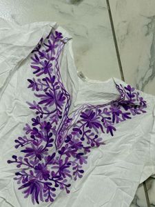 White Kurta with Purple Embroidery