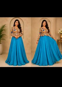 Beautiful Floral Top &amp; Blue Skirt Set