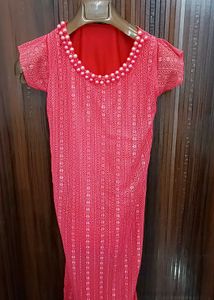 Elegant Pink Lace Kurta with Pearl Neckline