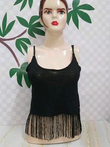 (400)Fringe Detail Black Tank Top