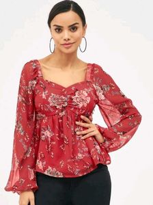 Chic Red Floral Print Peplum Top
