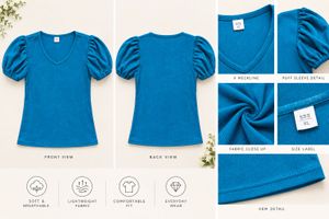 Blue Puff Sleeve V-Neck Top