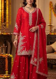 Stunning Red Embroidered Kurta Set