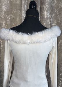 Cream Faux Fur Trim Ribbed Top