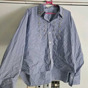 Striped Embellished Button-Up Shirt