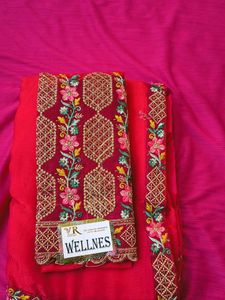 Embroidered Red Saree with Blouse Piece