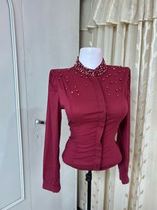 Beaded Collar Long Sleeve Top