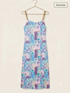 Patchwork Floral Dress with Gold Chain Straps