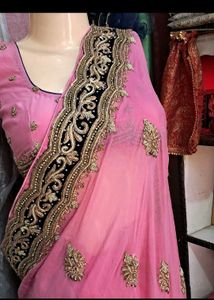 Premium Chiffon Saree Pink Golden Heavy Work