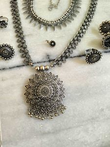 Oxidized Silver Mandala Necklace Set