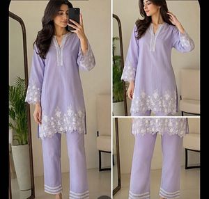 Lilac Kurta Set with White Lace Detail