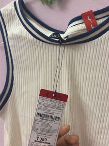 Ribbed Cream Tank Top with Navy Trim