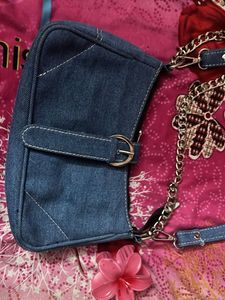 Denim Shoulder Bag with Chain