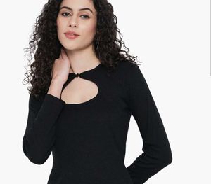 Ribbed Black Cut-out Long Sleeve Top