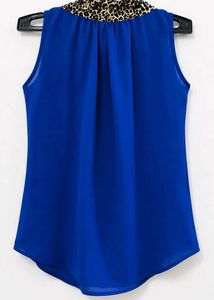 Stylish Blue Sleeveless Top with Scarf Detail