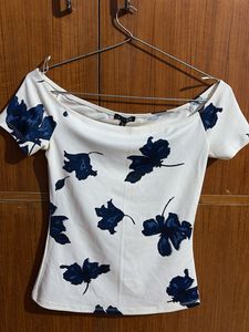 White Off-Shoulder Top with Blue Floral Print