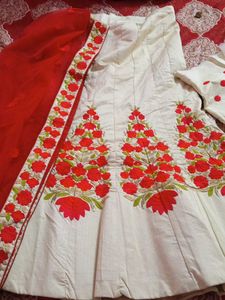 Cream Lehenga with Red Floral Embroidery
