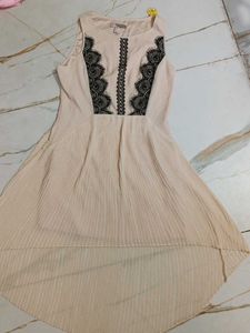 Elegant Beige High-Low Dress with Black Lace