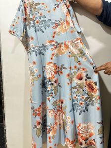 Light Blue Floral Print Dress with waist belt
