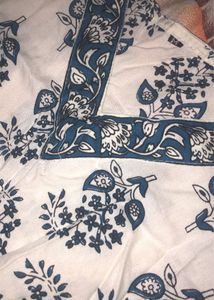 White &amp; Blue Floral Print short Kurta