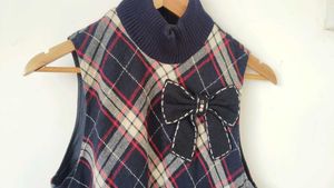 Charming Plaid &amp; Bow Sleeveless Dress for winter