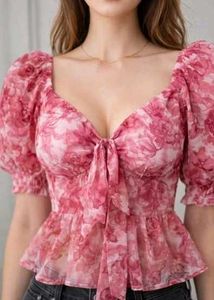 pink Floral Print Tie Front Top sweetheart neck