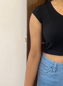 Ribbed Black Cropped Henley Top