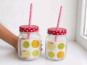 Cute Fruit Design Mason Jar Mugs with Straws (Set