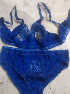 Net Bra Panty Lingerie Set Royal Blue Size 30