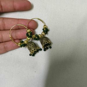 Ethnic Jhumka Hoop Earrings Green Beads
