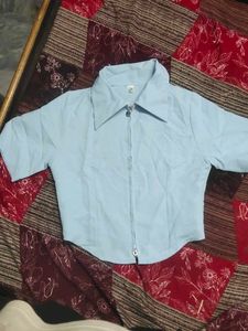 Light Blue Zip-Up Collared Top