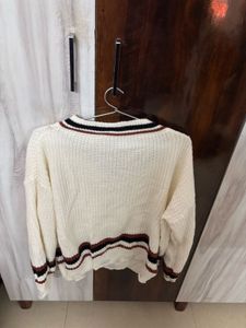Cream V-Neck Striped Sweater