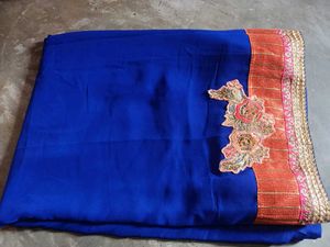 Royal Blue &amp; Coral Embroidered Saree