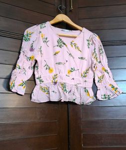 Only Brand Women Pink Floral Elastic Peplum Top